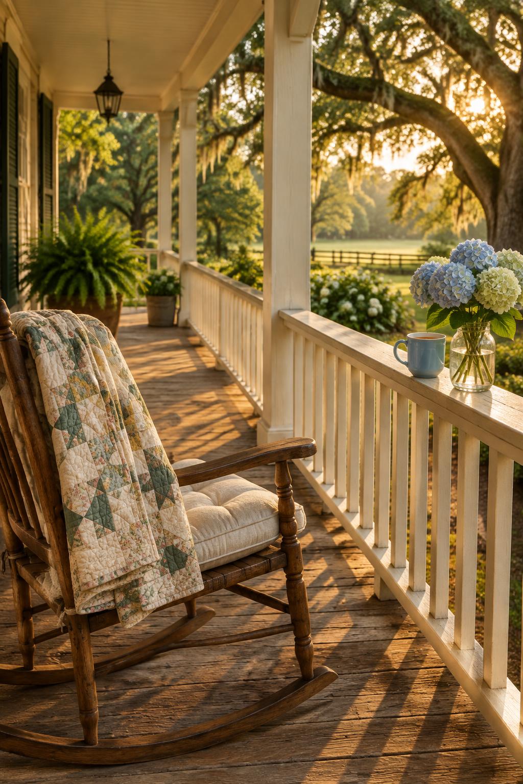 A rocking chair and quilt on a shaded Southern front porch in the late afternoon