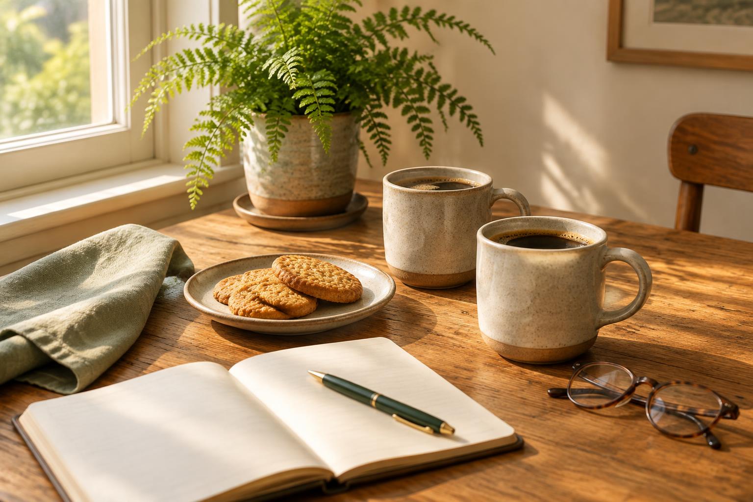 Two mugs of coffee, biscuits and an open notebook on a kitchen table in morning light
